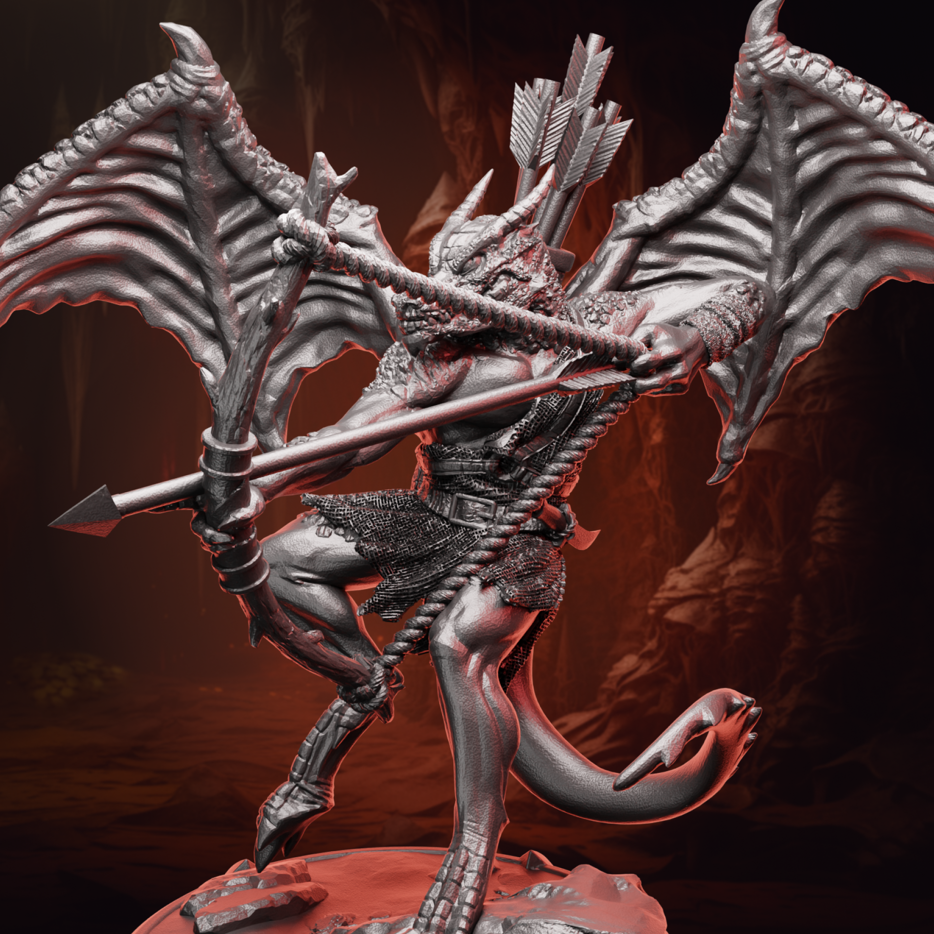 Winged Kobold Archer miniature drawing a bow mid-flight, wings spread wide over a rocky base.