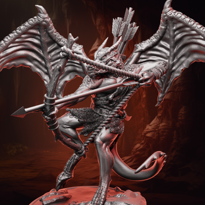 Winged Kobold Archer miniature drawing a bow mid-flight, wings spread wide over a rocky base.