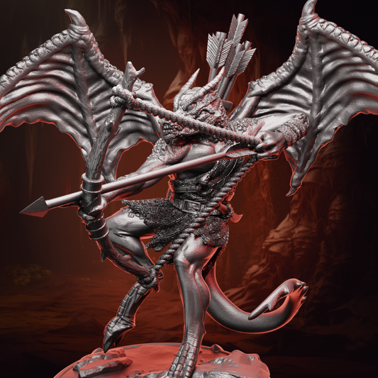 Winged Kobold Archer miniature drawing a bow mid-flight, wings spread wide over a rocky base.