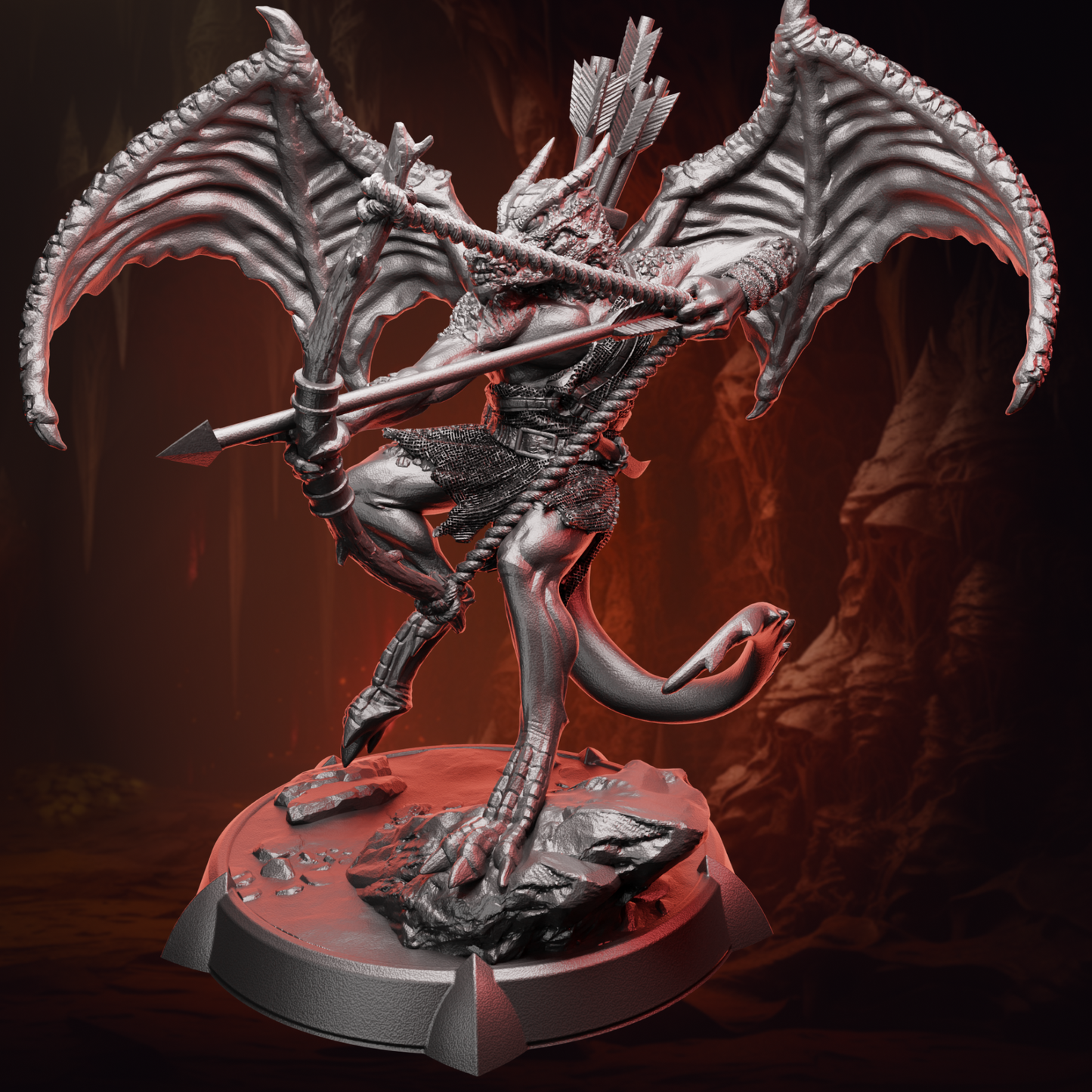 Front view of Winged Kobold Archer miniature showing detailed bow, scales, and wing texture.