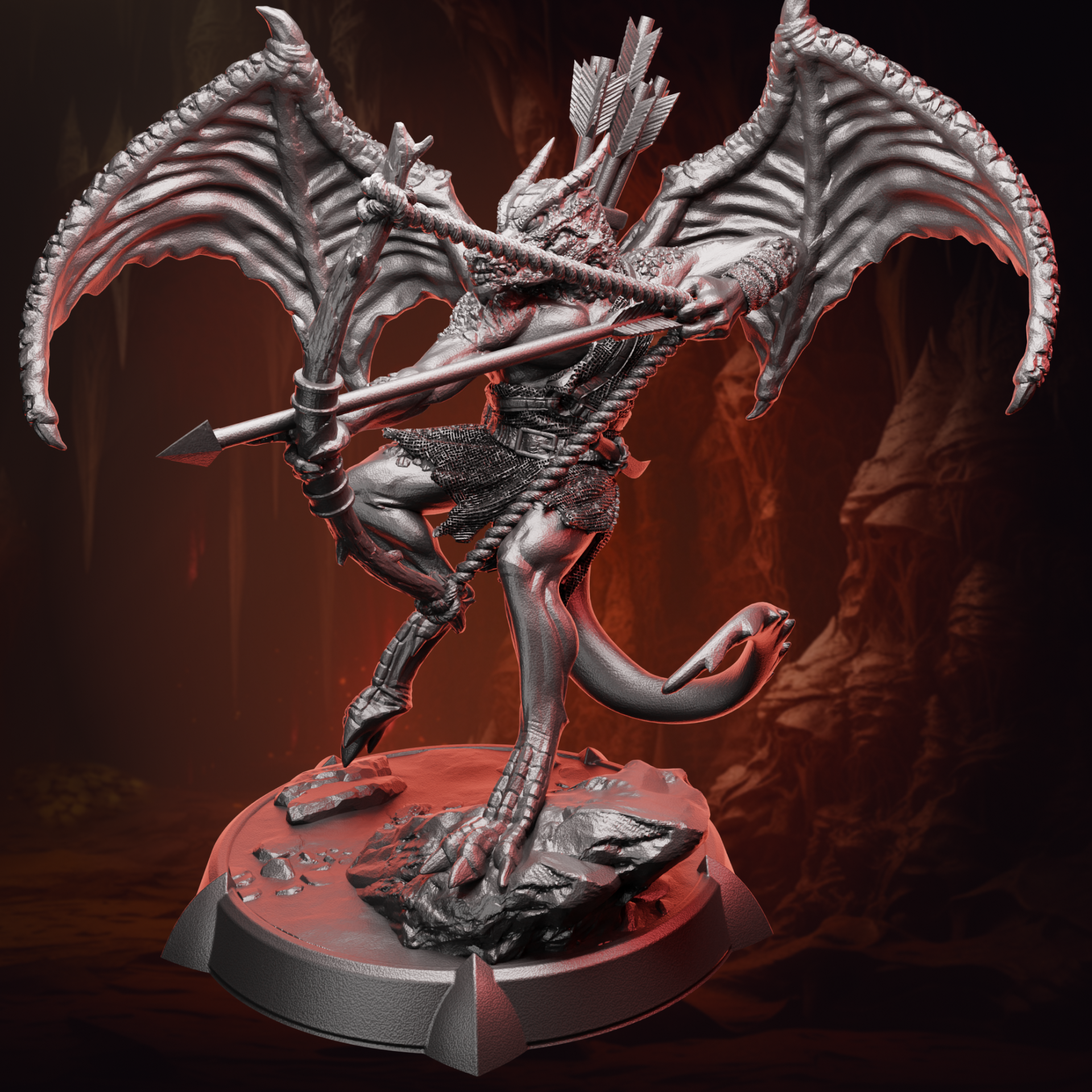 Front view of Winged Kobold Archer miniature showing detailed bow, scales, and wing texture.