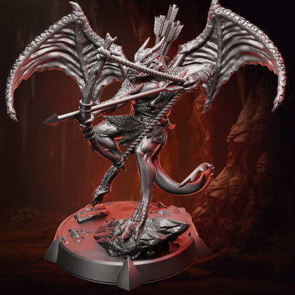Front view of Winged Kobold Archer miniature showing detailed bow, scales, and wing texture.