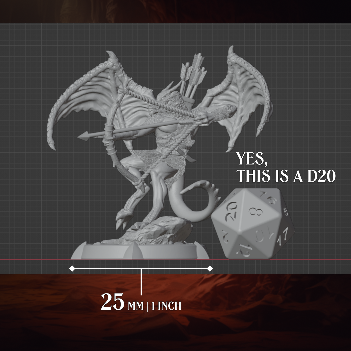 Winged Kobold Archer miniature displayed beside a D20 for scale reference on a 25 mm base.